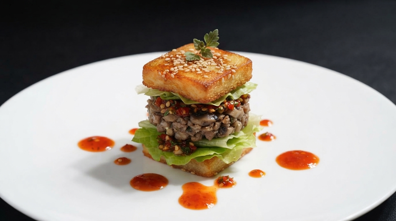 A miniature egg burger featuring a golden sesame bun, fresh lettuce, and savory layers on a pristine white plate.