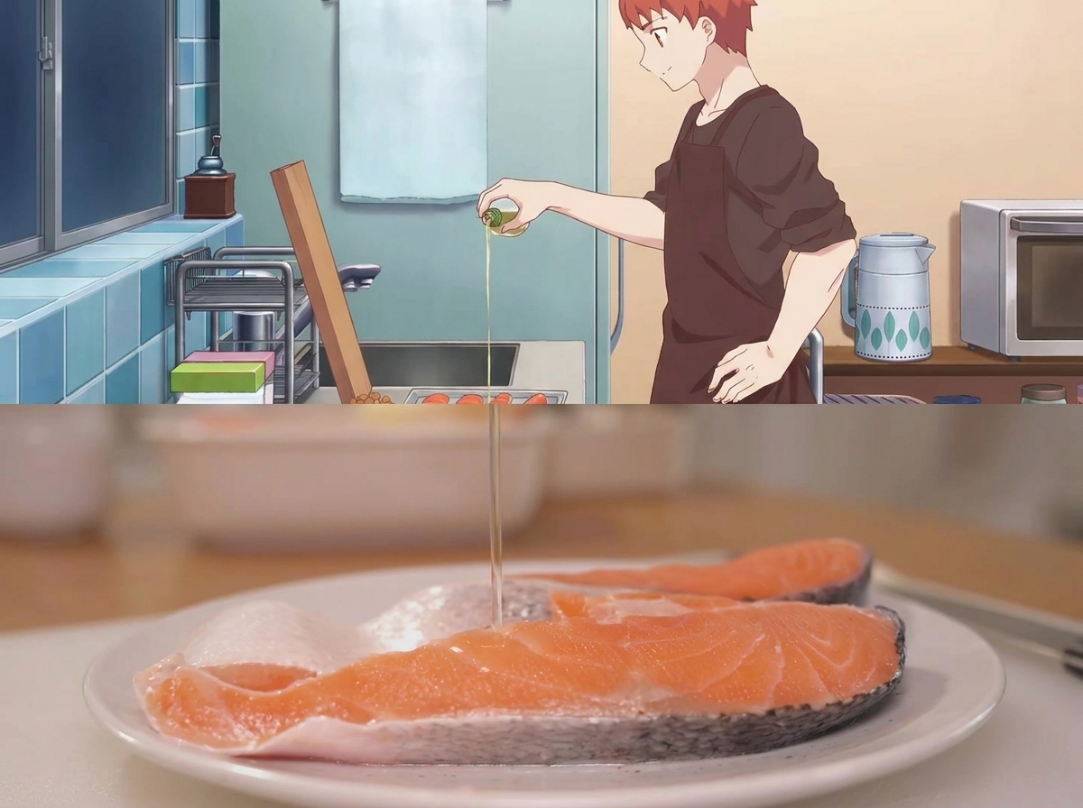 Sake pouring from a small bottle onto raw salmon fillets on a white plate.