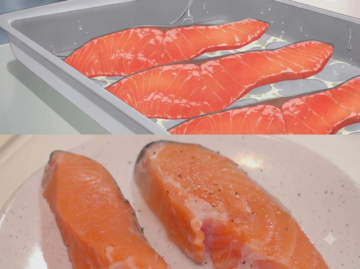 Close-up of salmon fillets seasoned with a dusting of salt and black pepper.
