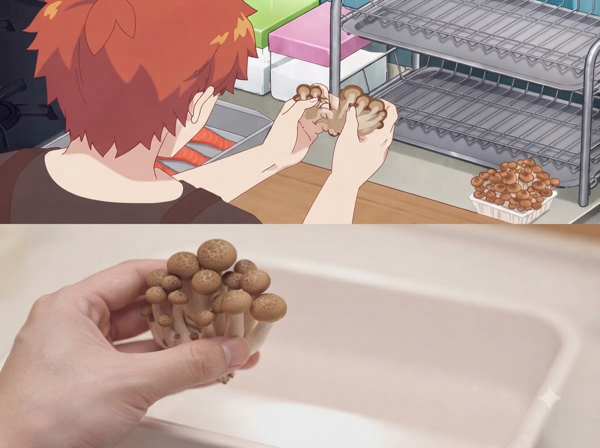 Hands separating a cluster of shimeji mushrooms into smaller portions.