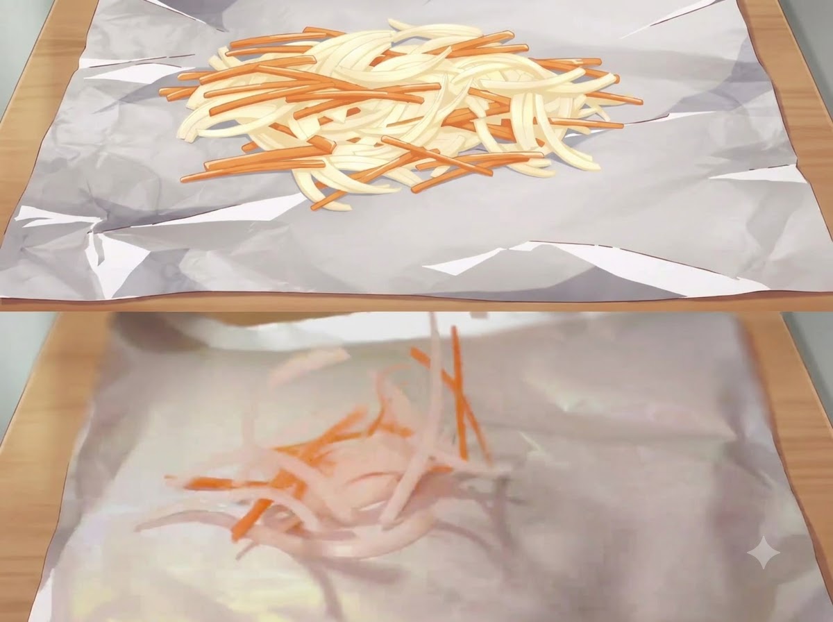 A pile of thinly sliced white onions and orange carrots scattered across a sheet of shiny aluminum foil.