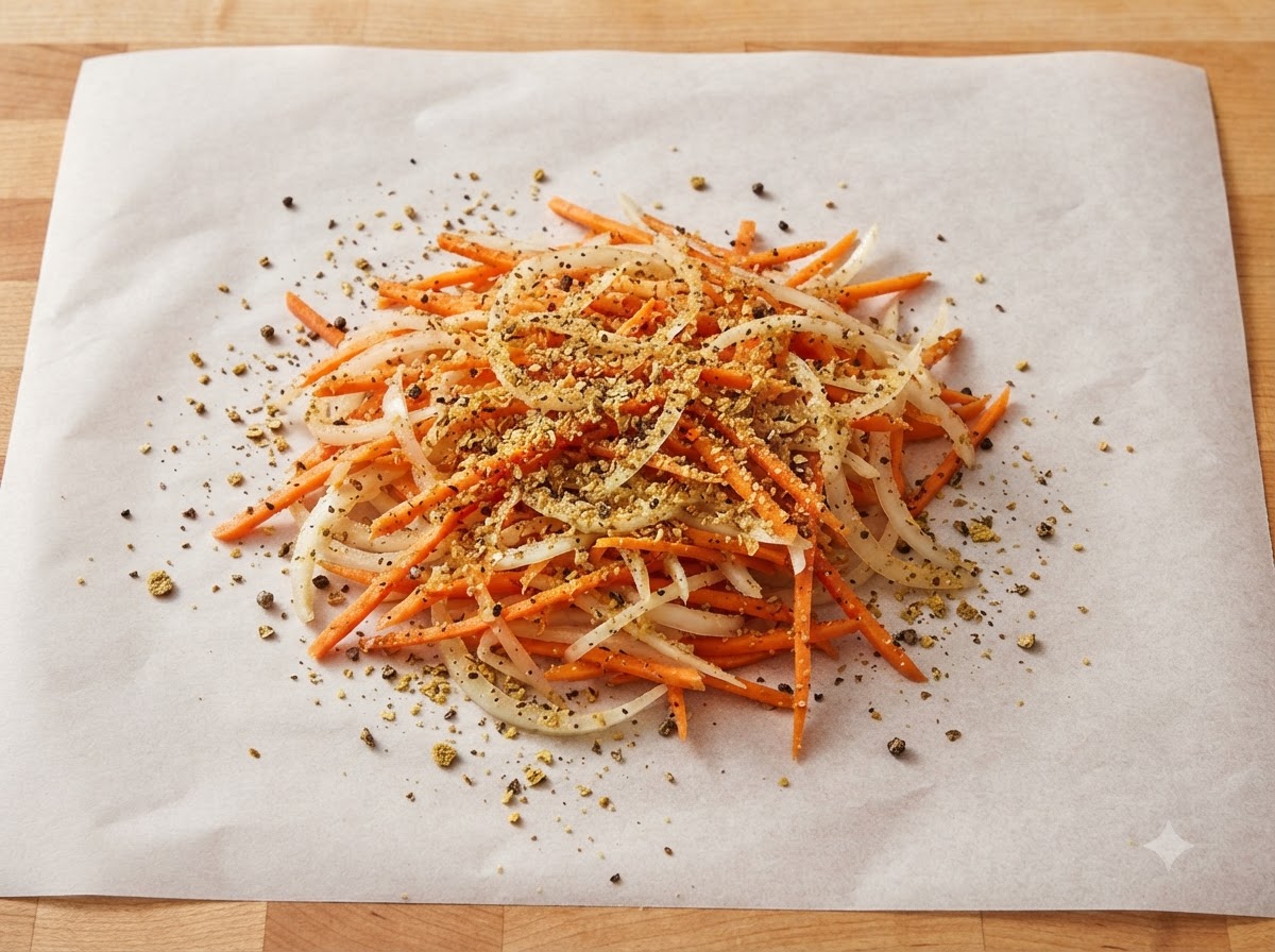 Crushed bouillon granules scattered across a bed of julienned carrots and sliced onions on parchment paper.