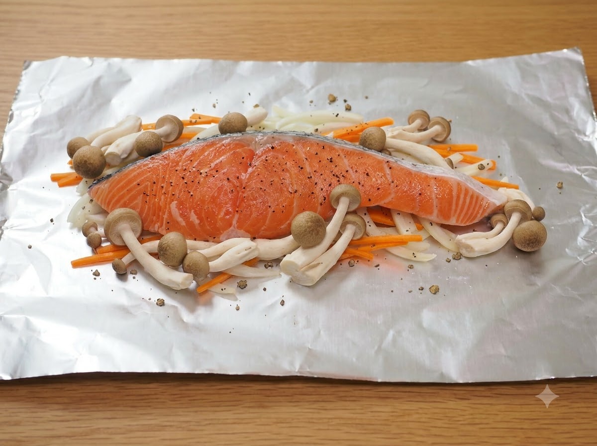 Fresh salmon fillet placed centrally over a vegetable layer with brown shimeji mushrooms surrounding it on aluminum foil.