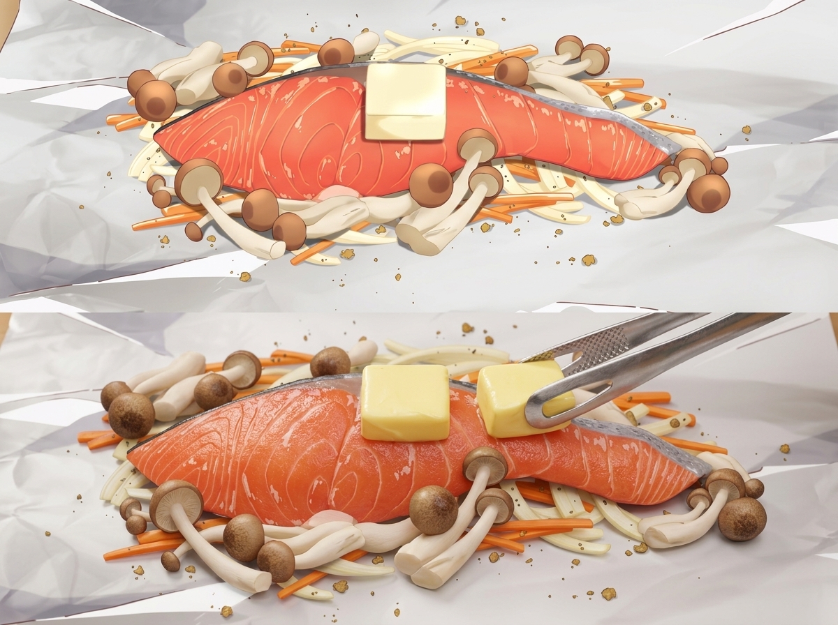 A small square pat of butter being positioned on the upper surface of a raw salmon fillet using metal tongs.