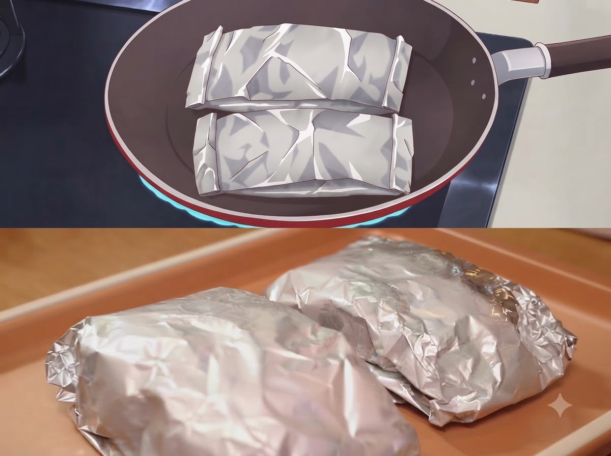 Sealed aluminum foil packets sitting inside a dark cooking pan and on a baking tray.