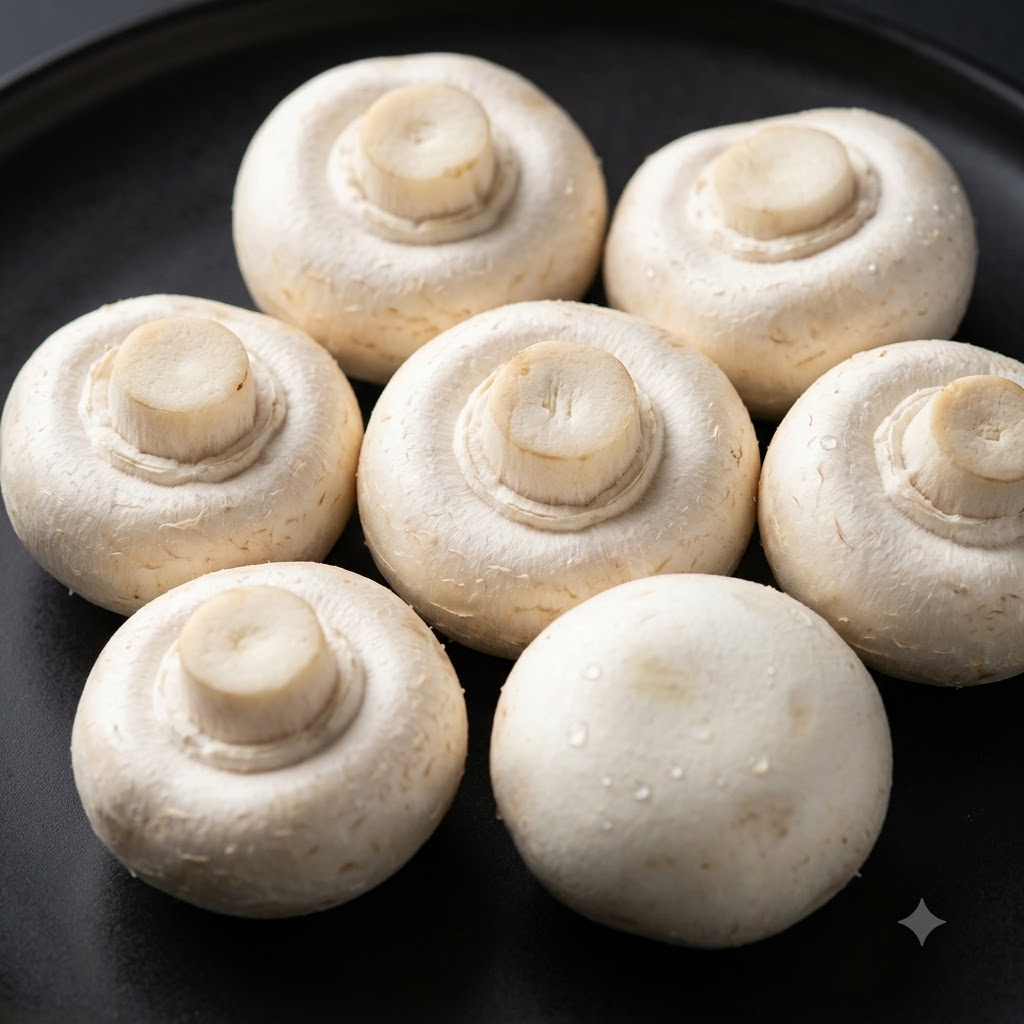 Fresh whole white button mushrooms arranged on a dark plate.