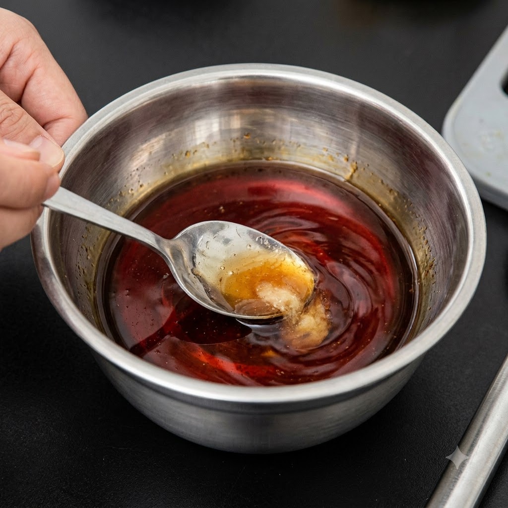 Soy sauce and honey being stirred together in a stainless steel bowl with a spoon.