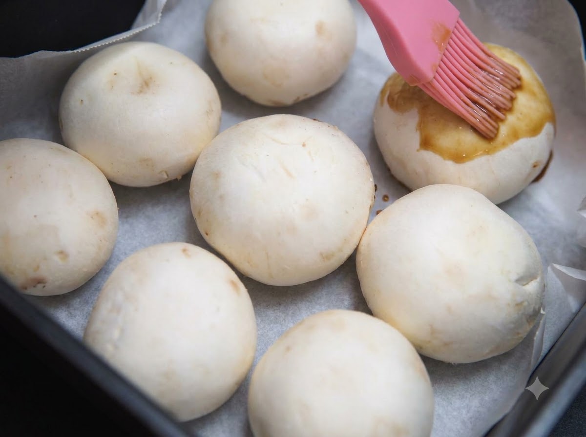 A pink silicone pastry brush applying dark honey soy sauce onto white button mushroom caps placed on parchment paper inside an air fryer basket.