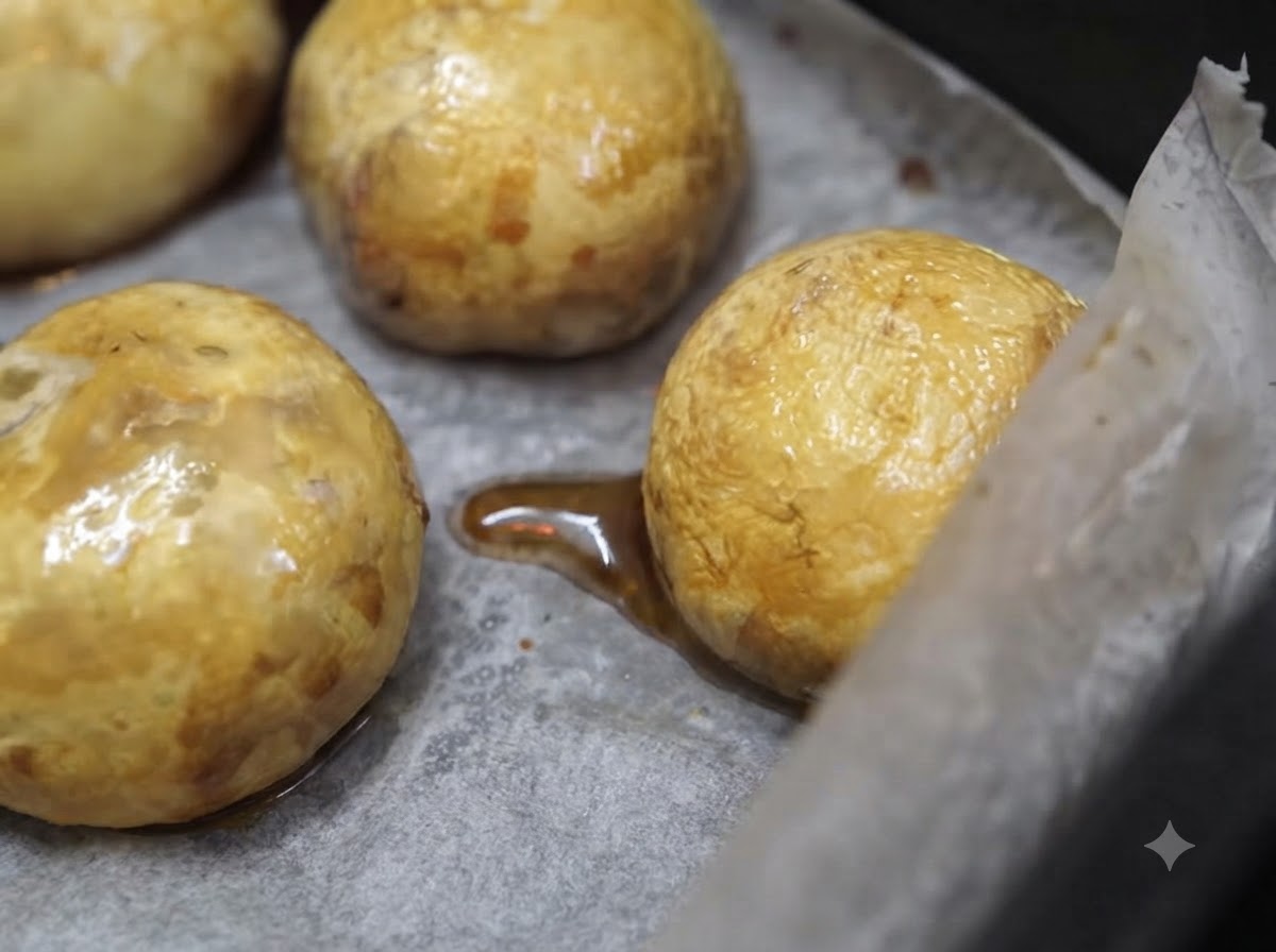 Golden-brown baked mushroom caps resting on parchment paper after air frying.