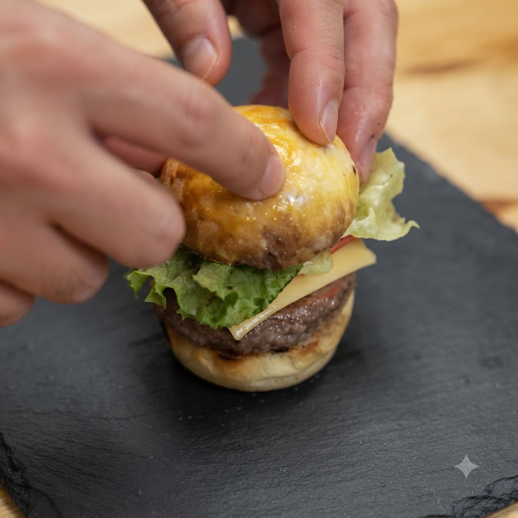Two hands holding and securing an assembled mini mushroom burger with a toothpick on a dark slate board.