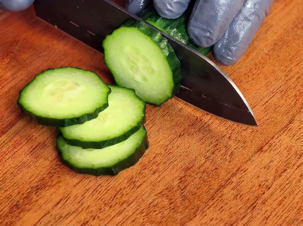 A cucumber being cut into circular slices on a wooden board.