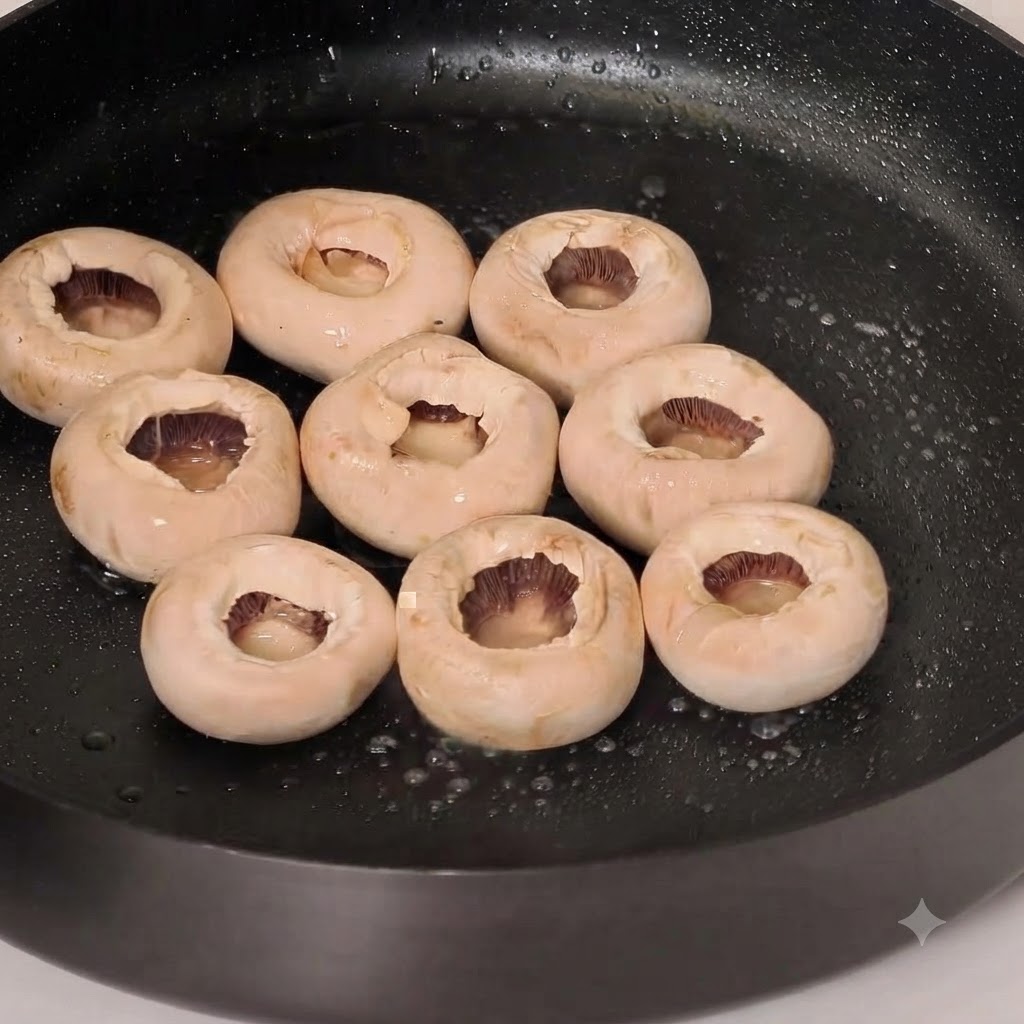 Whole white mushroom caps frying in an oiled pan with pepper seasoning.
