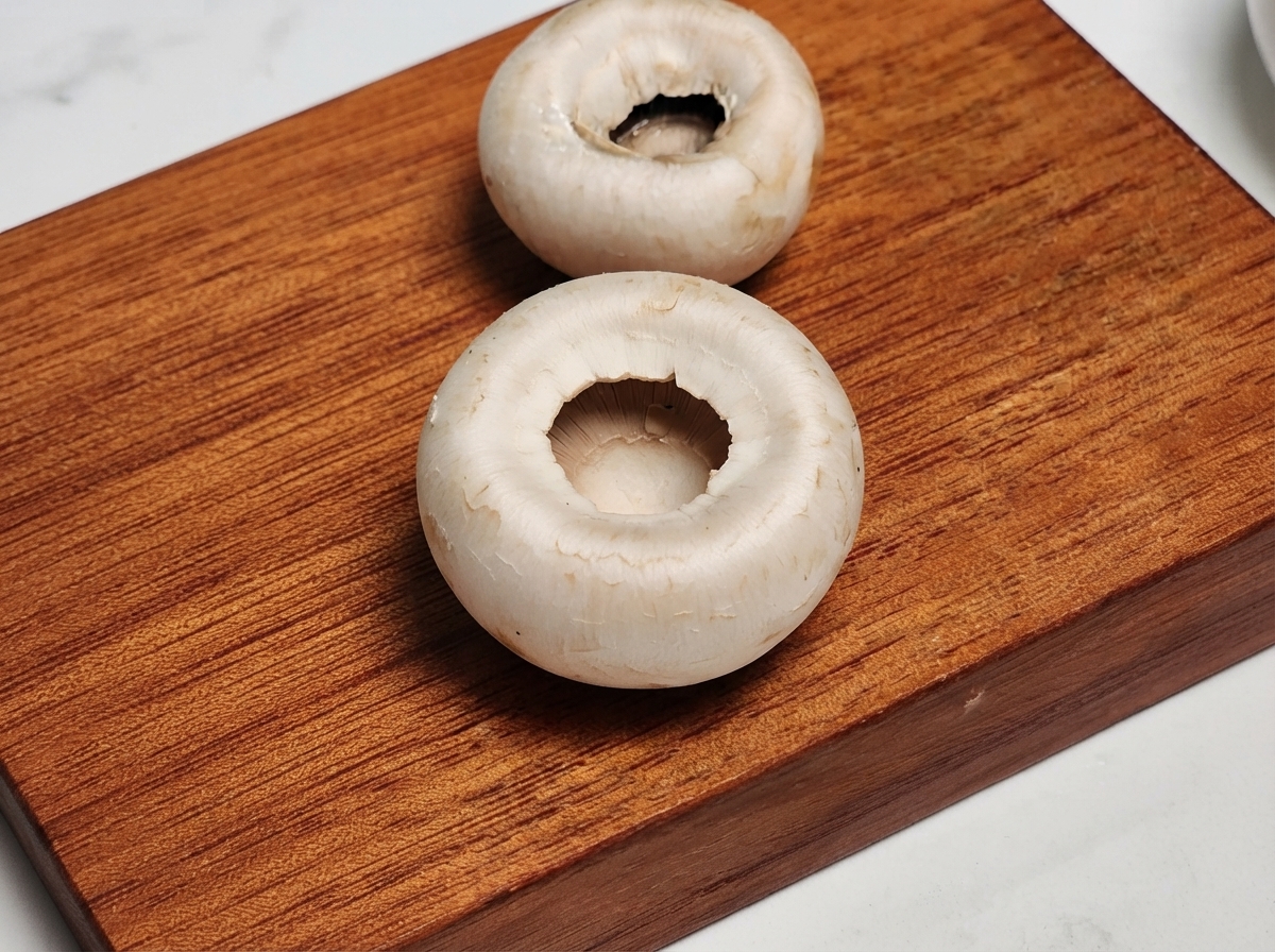 Shrimp paste being added into the cavity of white mushroom caps.