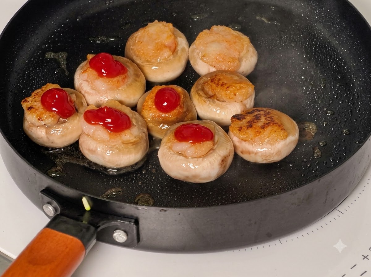 Slices of cucumber, lettuce, and tomatoes layered over ketchup-topped mushroom caps in a skillet.