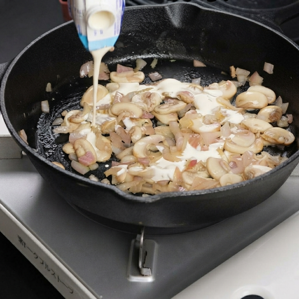 Cream being poured from a container into a skillet containing sautéed mushrooms and onions.
