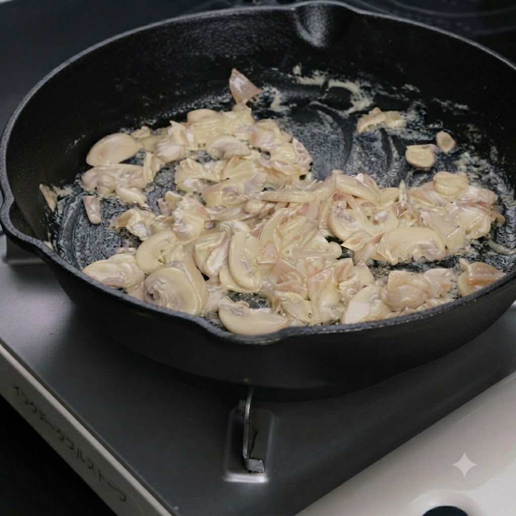 Black pepper being ground over a simmering mushroom cream sauce in a skillet.