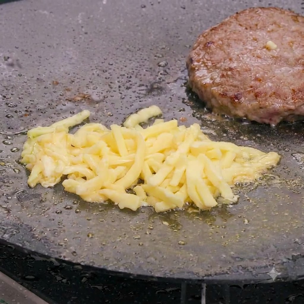 Shredded mozzarella cheese melting smoothly over a hot beef patty in a skillet.