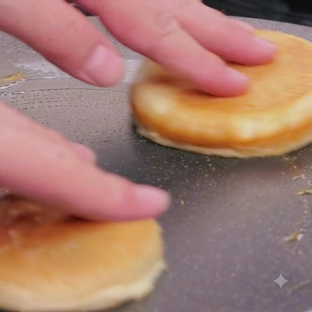 Hamburger bun halves toasting face down in pan juices over a low flame.