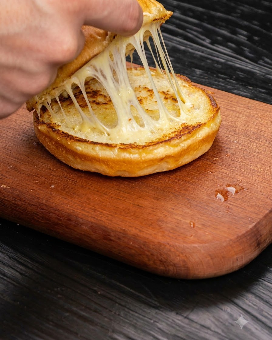 A cheesy beef patty being transferred onto a toasted hamburger bun on a wooden cutting board.