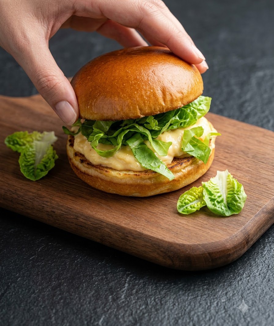 A hand holding the top bun just above assembled burger layers with creamy sauce and lettuce on a wooden board.