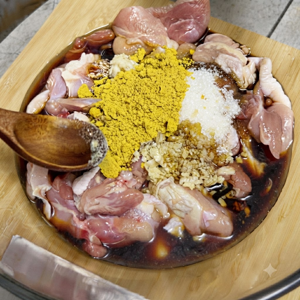 A pile of yellow curry powder and minced garlic added over raw chicken and sauce in a glass bowl.