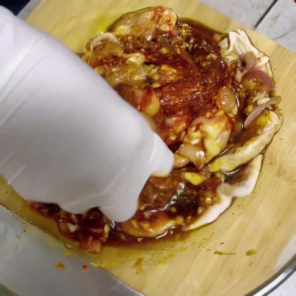A hand wearing a white glove mixing raw chicken pieces and red marinade sauce in a glass bowl.