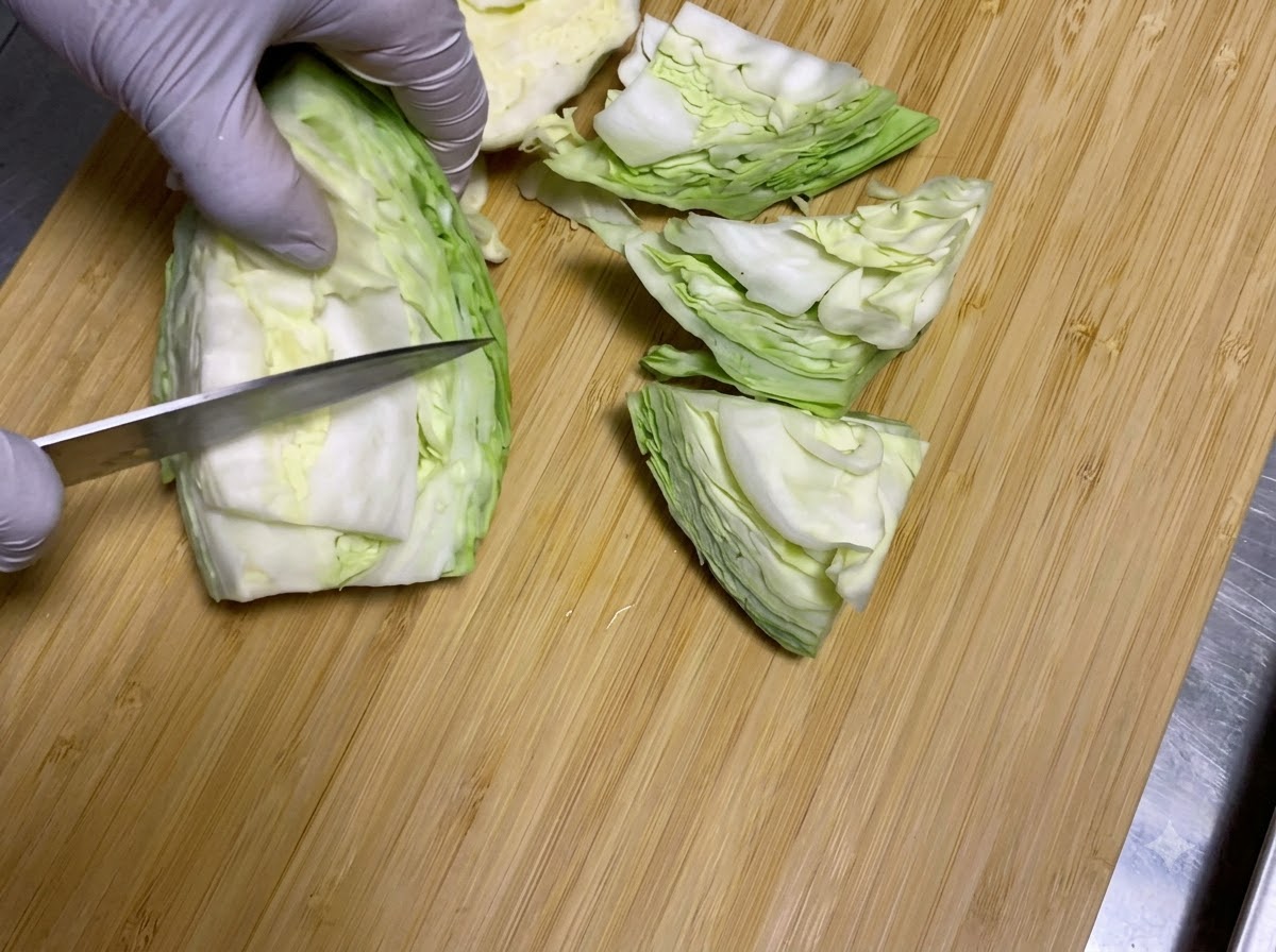 A chefs knife slicing a head of raw green cabbage into large wedges on a wooden cutting board.