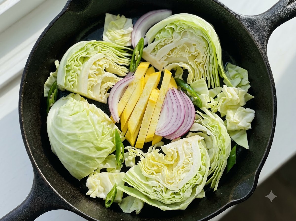 Freshly cut cabbage pieces, sliced red onions, leeks, and yellow sweet potato sticks arranged in a cast iron pan.