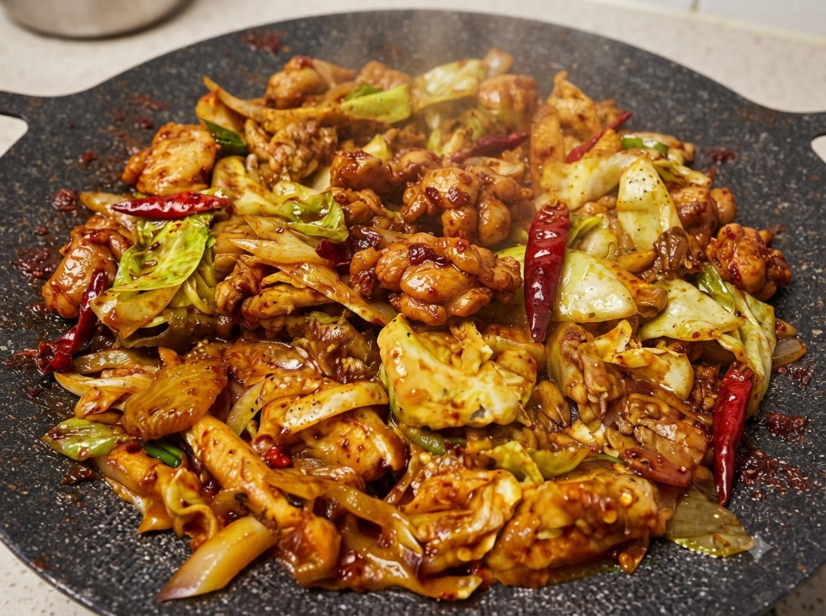 A large pan filled with stir-fried chicken pieces, cabbage, and dried red chilies glistening in red sauce.