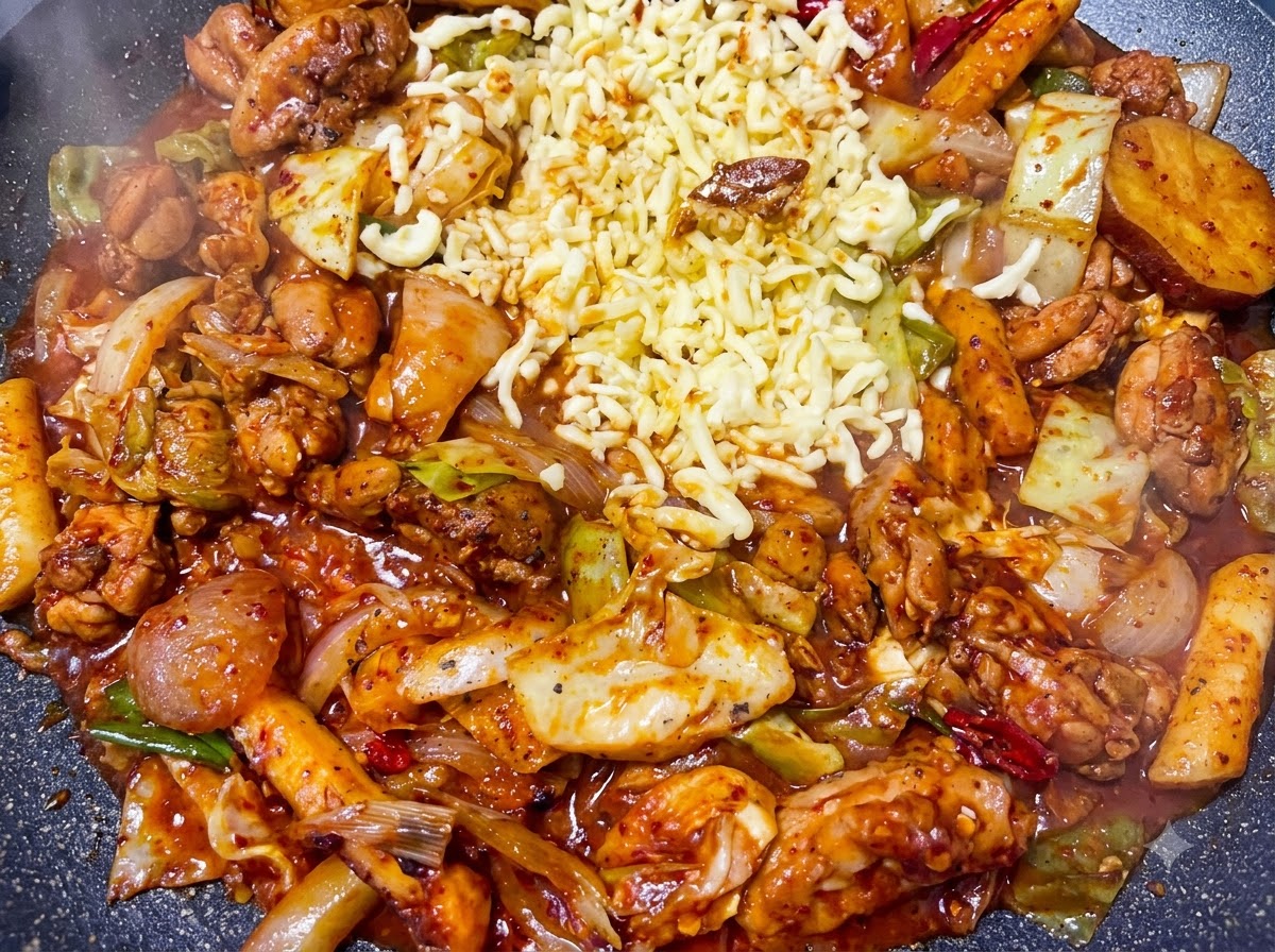 Shredded mozzarella cheese poured into a clear dividing space in the center of a bubbling spicy chicken stir-fry.
