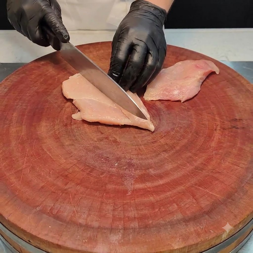A chicken breast being carefully sliced open with a chef knife on a round wooden cutting board.