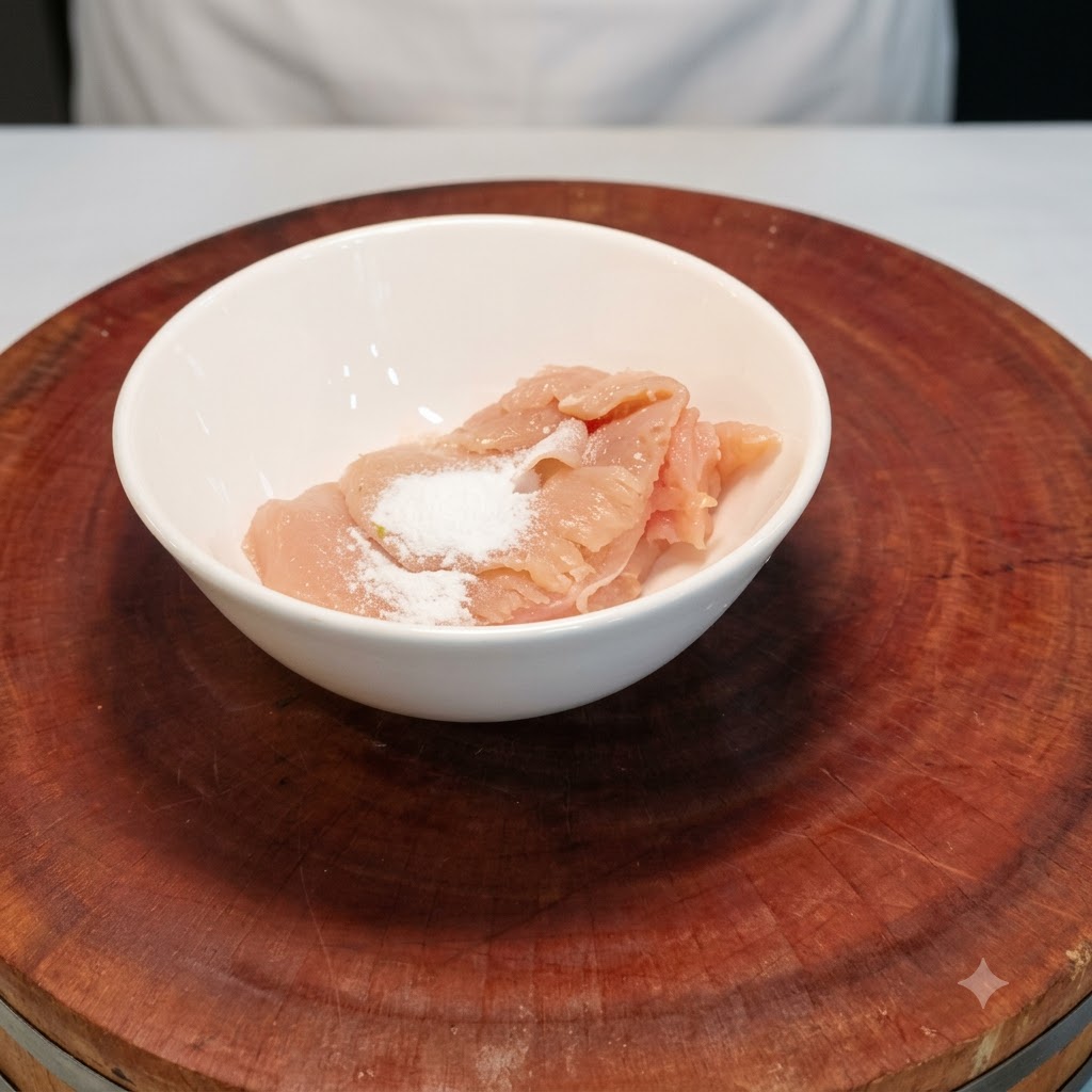 Chicken slices inside a white bowl topped with measured amounts of salt and cooking wine.