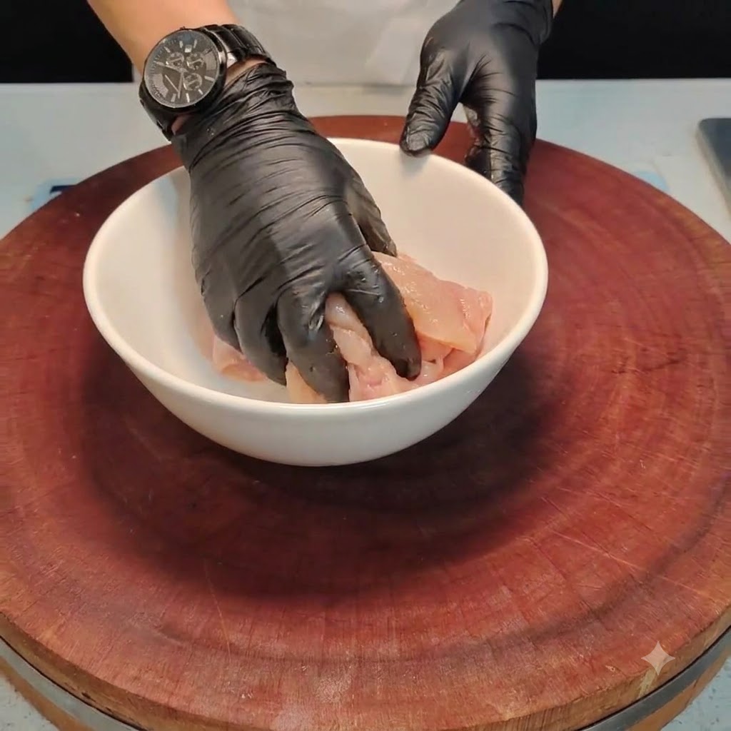 Gloved hands mixing chicken pieces and seasonings together inside a white bowl.