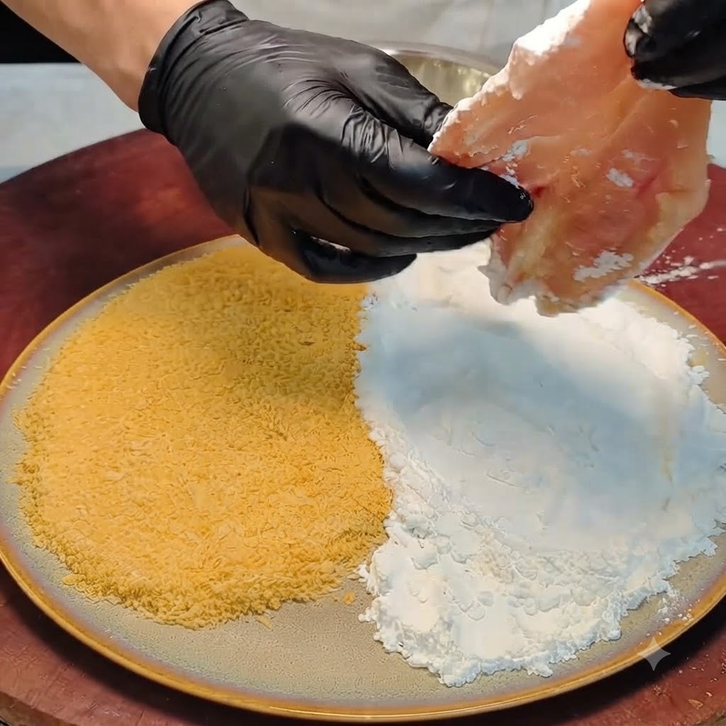 A marinated chicken cutlet being lifted from a plate covered in a thick layer of white starch.