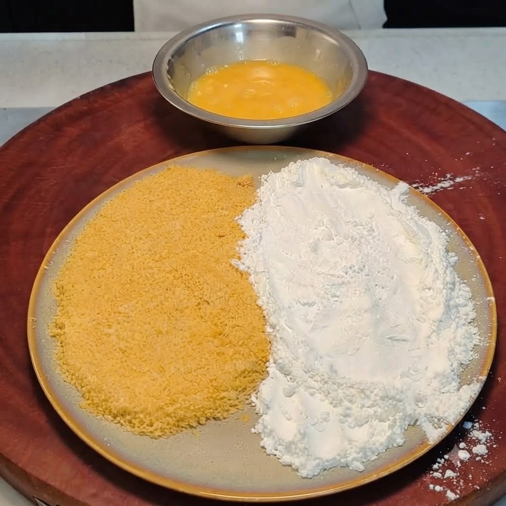 A piece of coated chicken being dipped into a metal bowl filled with whisked yellow eggs.