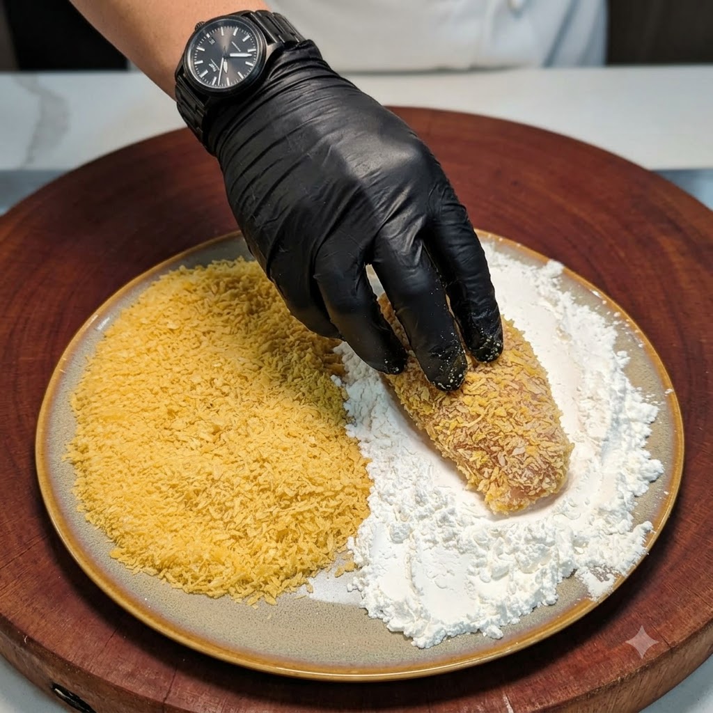 An egg-dipped chicken cutlet being pressed into breadcrumbs on a plate.
