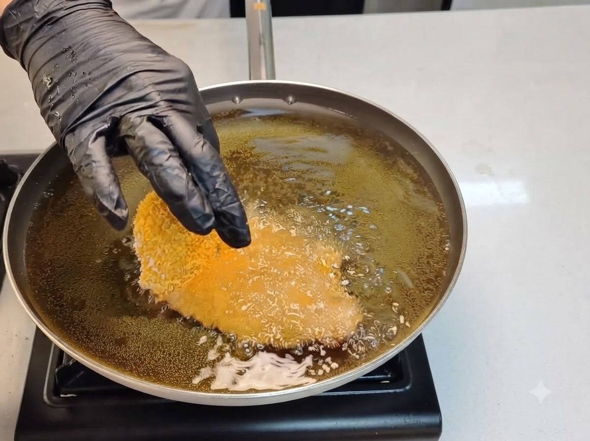 A breaded chicken cutlet being lowered into bubbling hot oil in a skillet.