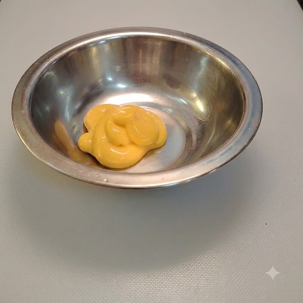 Cheese salad dressing squeezed into a shiny metal mixing bowl.