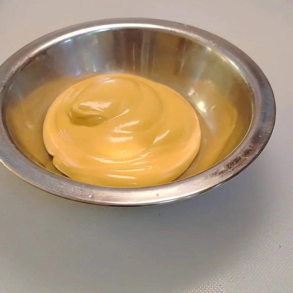 Wasabi being squeezed into a metal bowl filled with creamy cheese salad dressing.