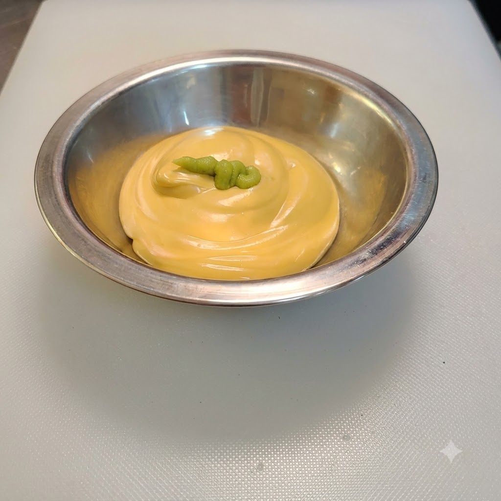 Green wasabi paste added on top of cheese salad dressing in a bowl.