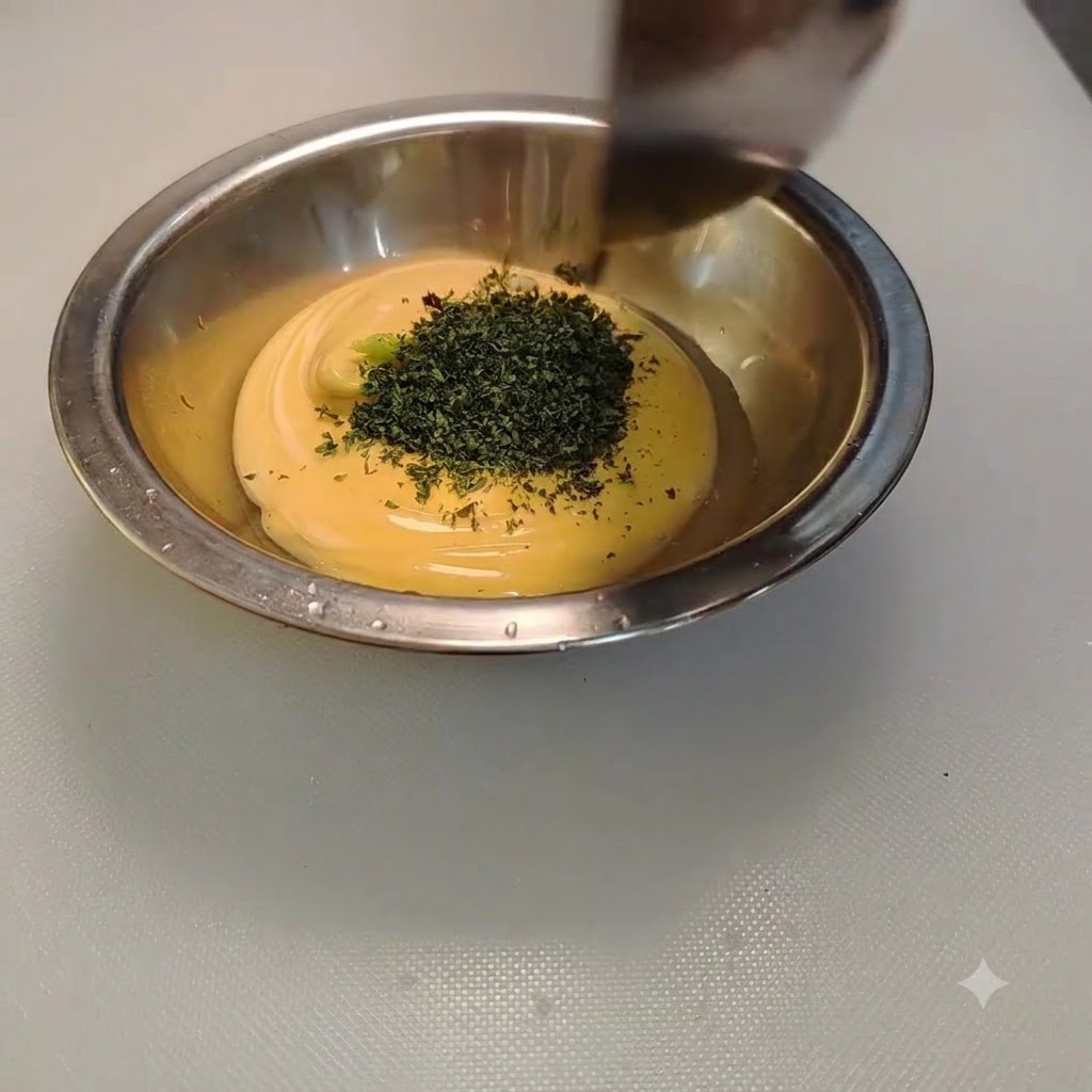Dried parsley flakes being sprinkled over the sauce mixture in a bowl.