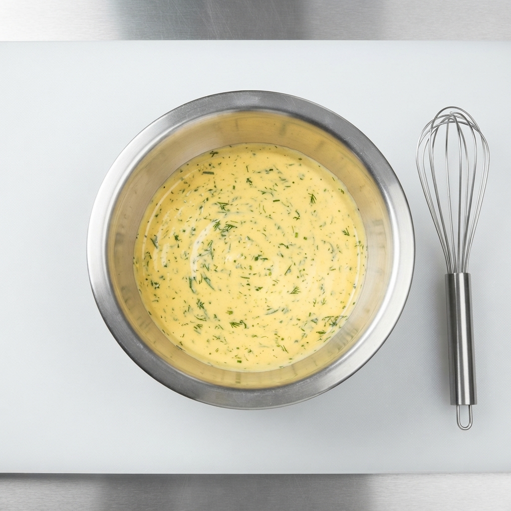 A metal bowl with fully mixed cheese and wasabi sauce alongside a wire whisk on a white cutting board.