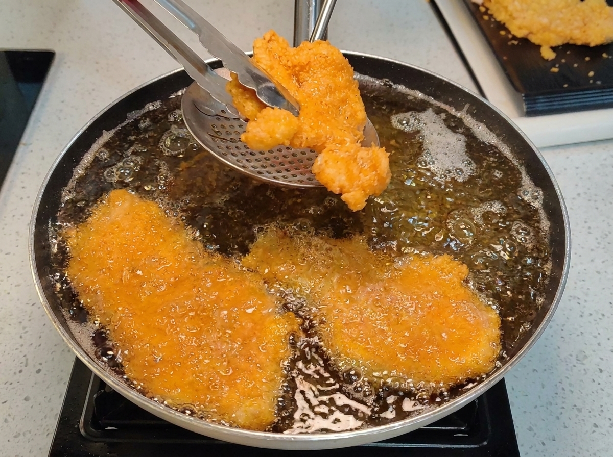 Golden fried chicken cutlets being scooped out of a frying pan of hot oil with tongs and a strainer.