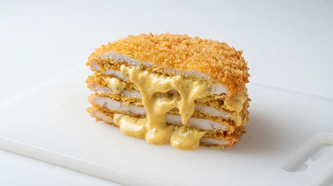 A sliced golden-brown chicken cutlet with creamy, wasabi-spiked cheese salad sauce oozing between the crispy layers.
