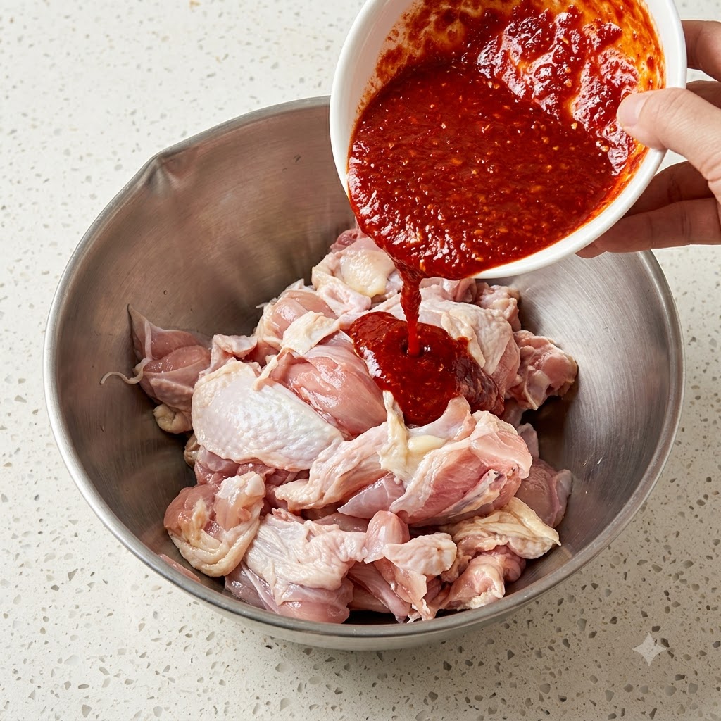 Red sauce being poured from a white bowl into a stainless steel bowl filled with raw chicken.