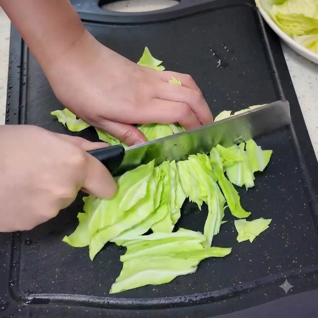 Cabbage being sliced on a black cutting board with a knife.