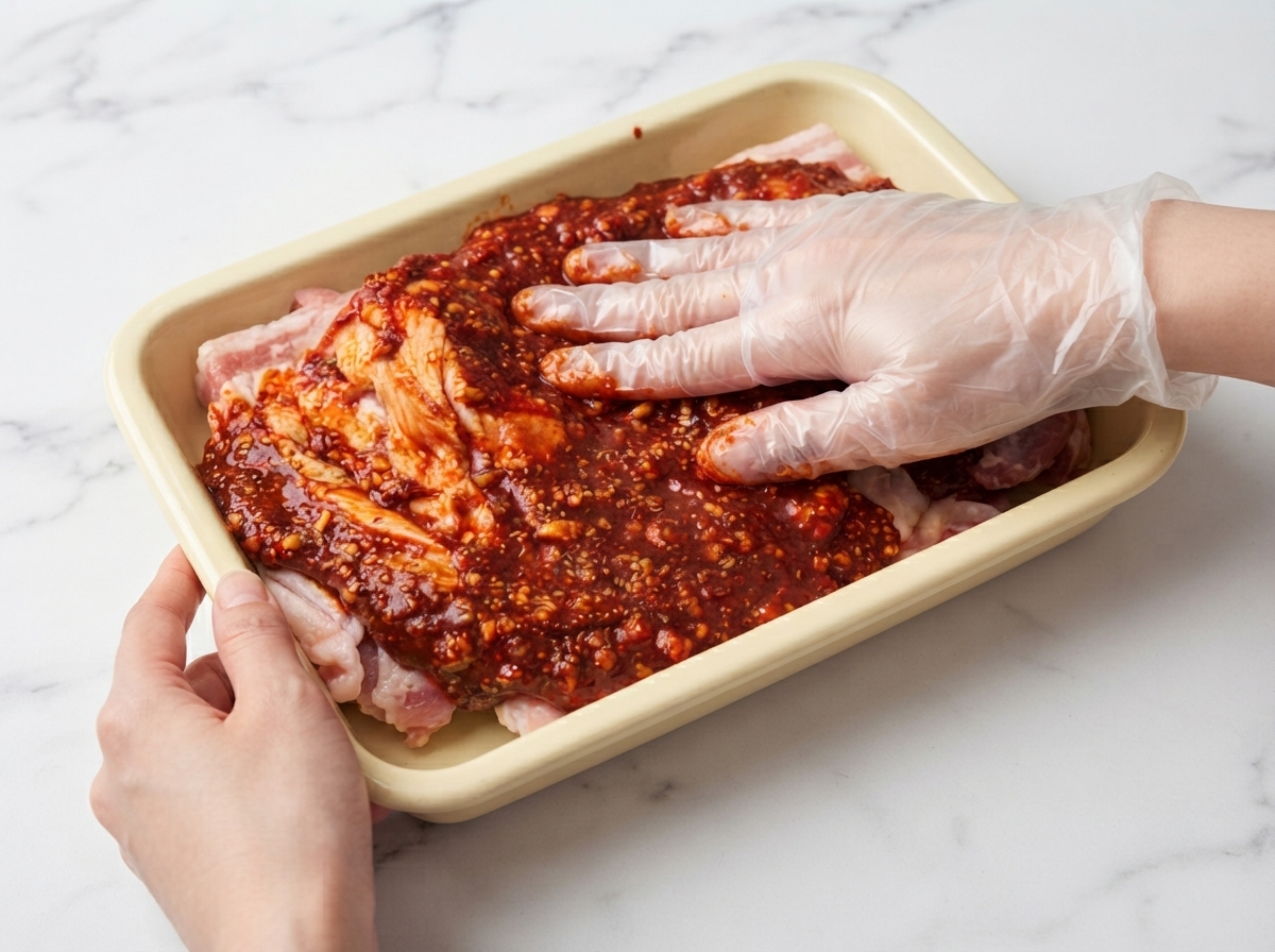 A gloved hand massaging red spicy marinade into raw chicken meat inside a yellow container.