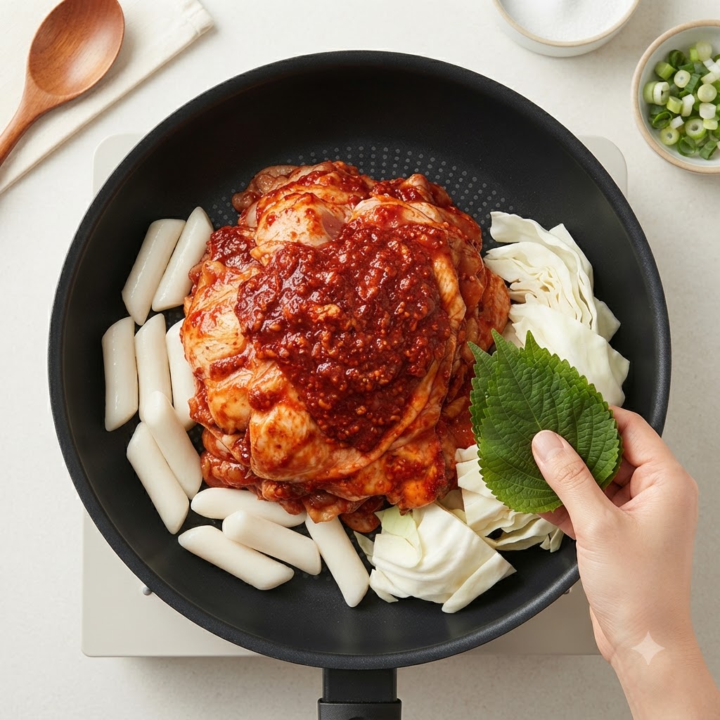 White rice cakes, cabbage leaves, and fresh herbs arranged in a circle around marinated chicken in a frying pan.