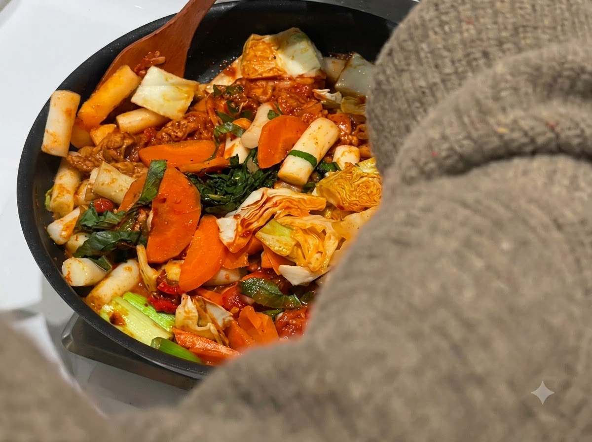 A wooden spoon mixing chicken, vegetables, and rice cakes simmering in red sauce inside a pan.