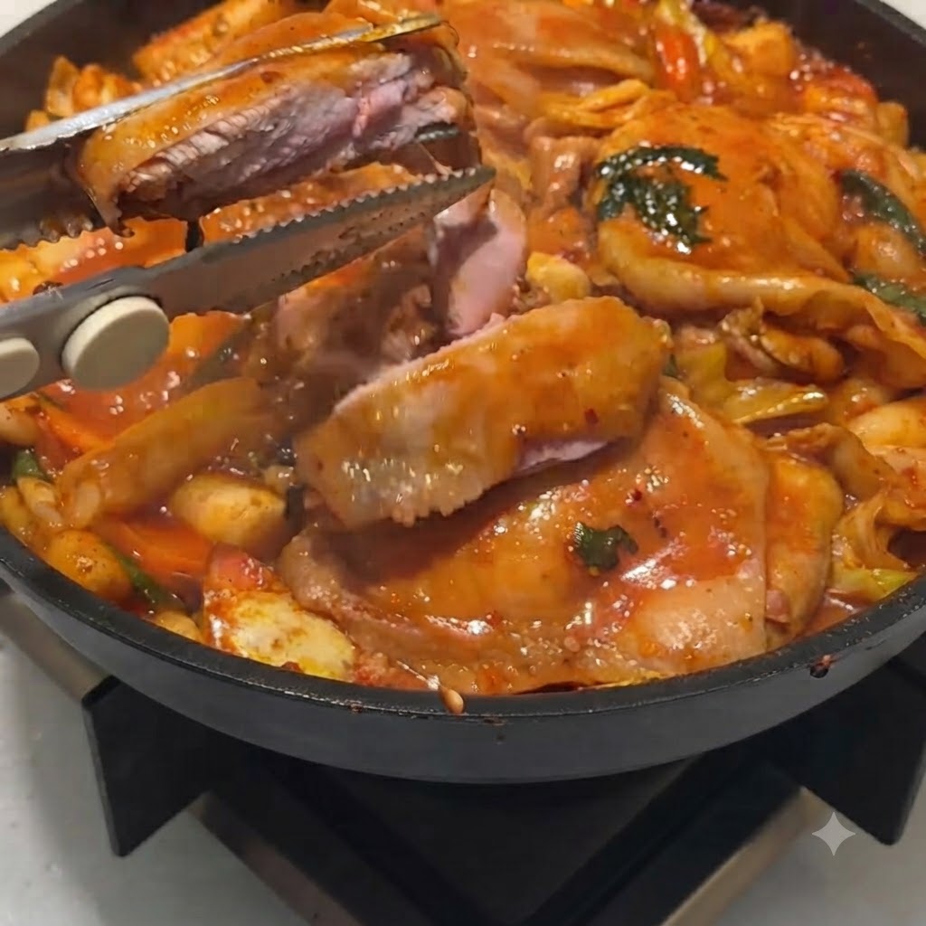 Kitchen scissors slicing through partially cooked chicken pieces inside a frying pan.